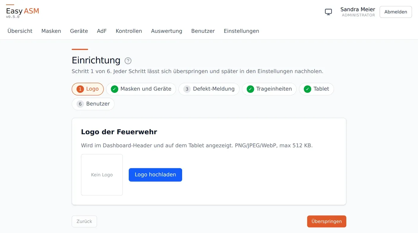 Einrichtungs-Assistent mit sechs Schritten