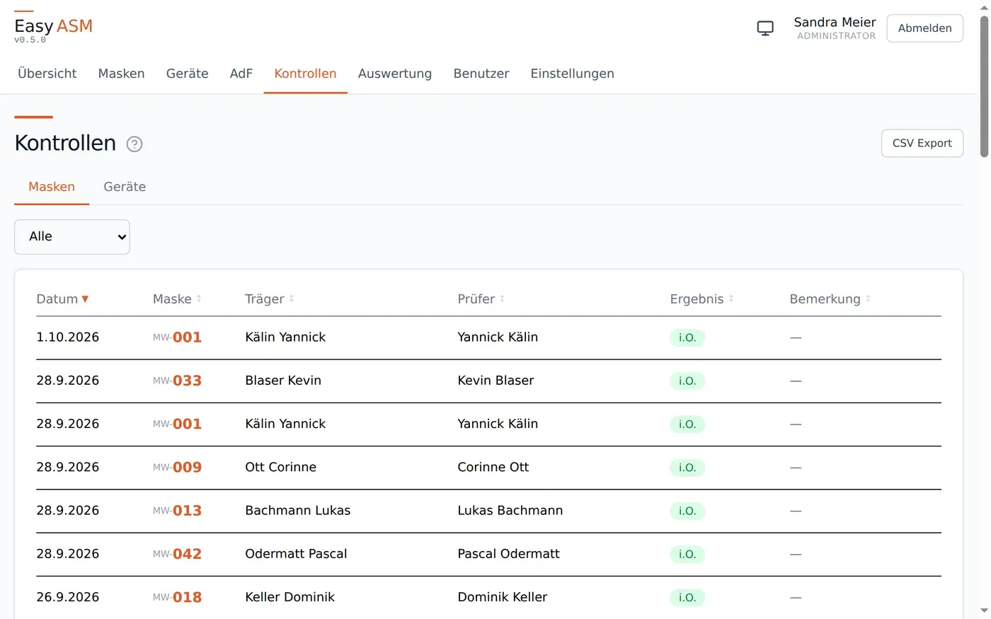Kontrollen mit Filter und CSV-Export