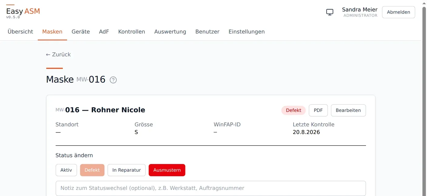Status ändern auf der Detailseite